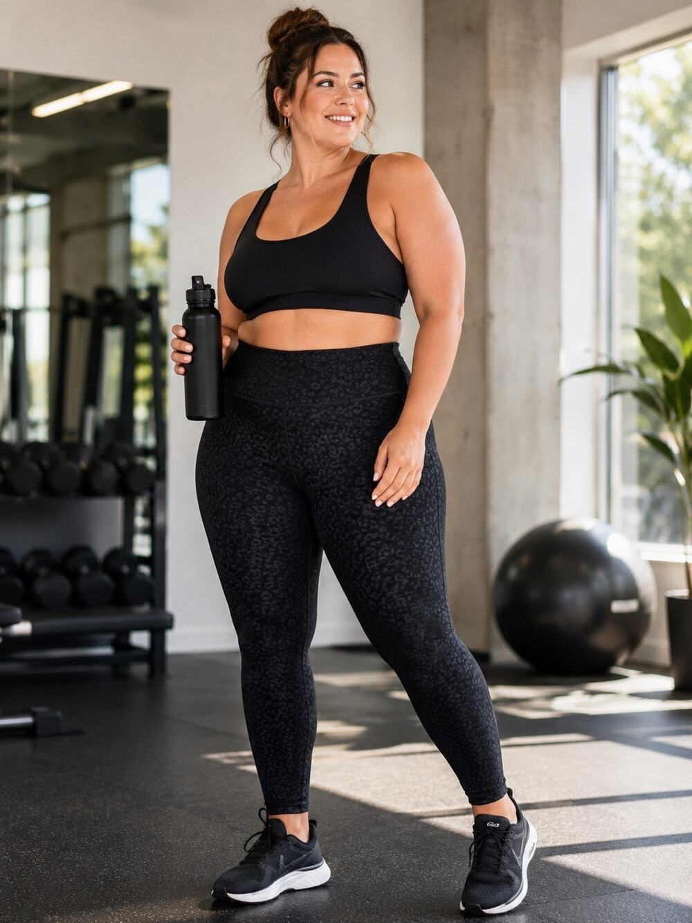 Mono B Textured Leopard High Rise Leggings Black 1X Plus Size Activewear